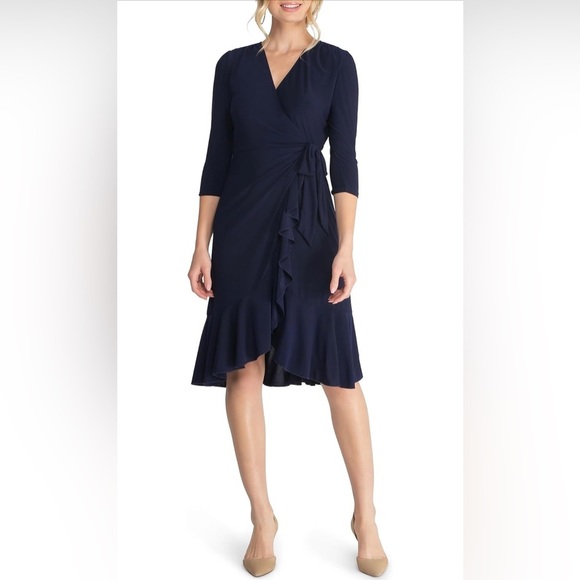 Kiyonna Plus Size Whimsy Ruffled Midi Wrap Dress with 3/4 Sleeves - Picture 1 of 10